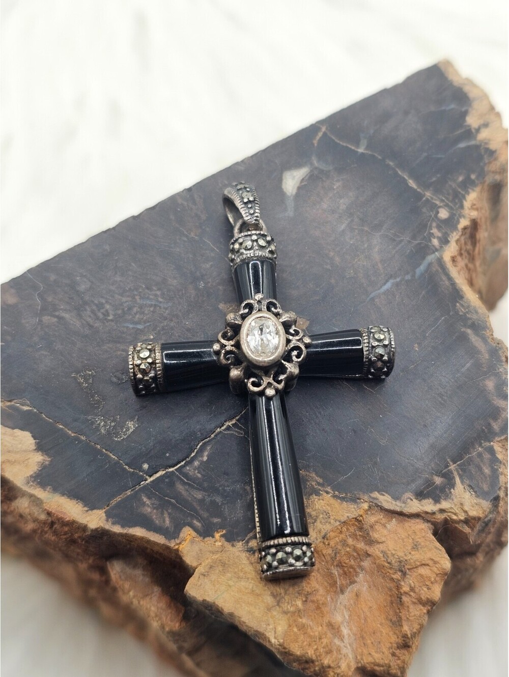 925 Silver Black Onyx Marcasite Art Deco Cross Pendant